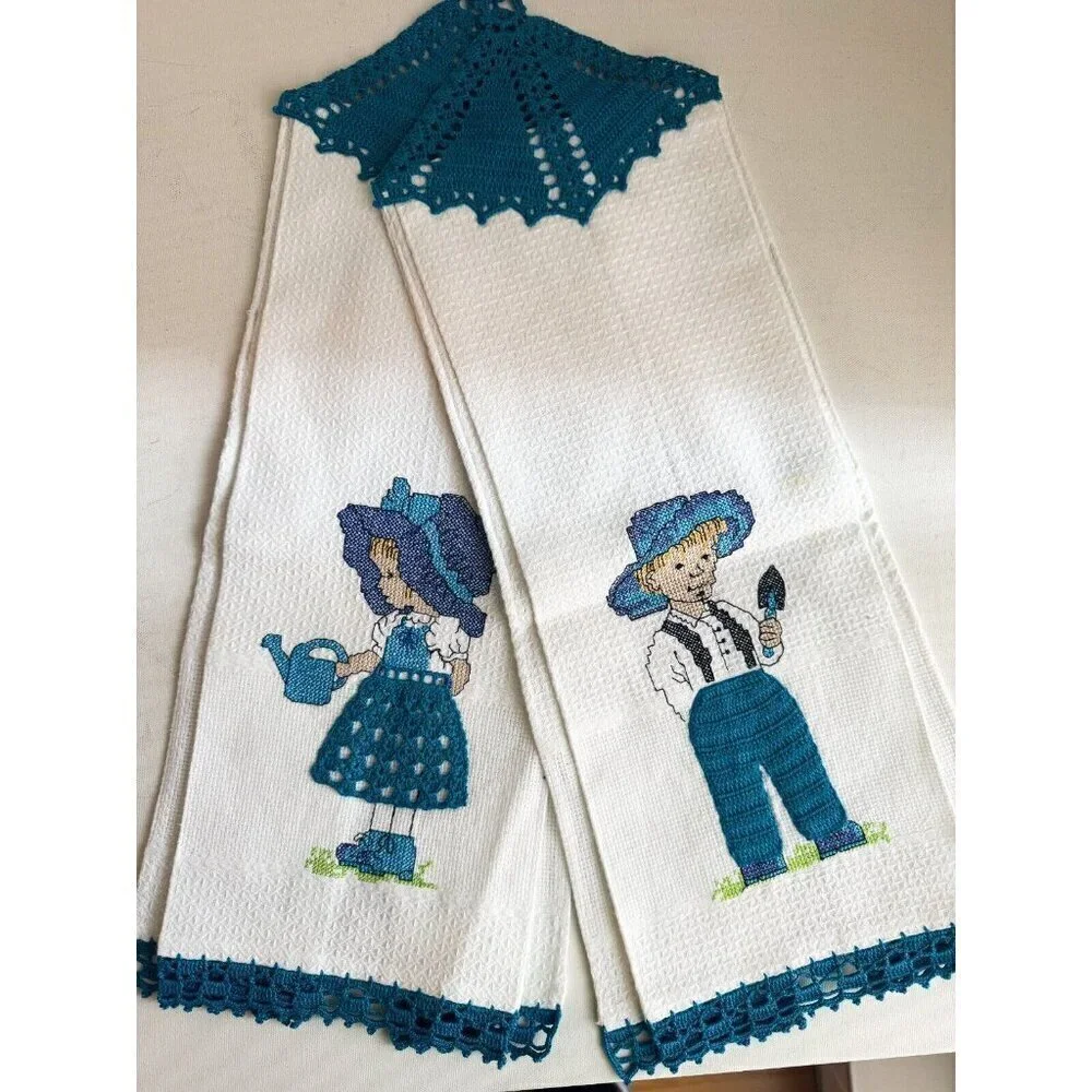 Vintage Crochet Detail Tea Towels Girl and Boy Motif Set of 2